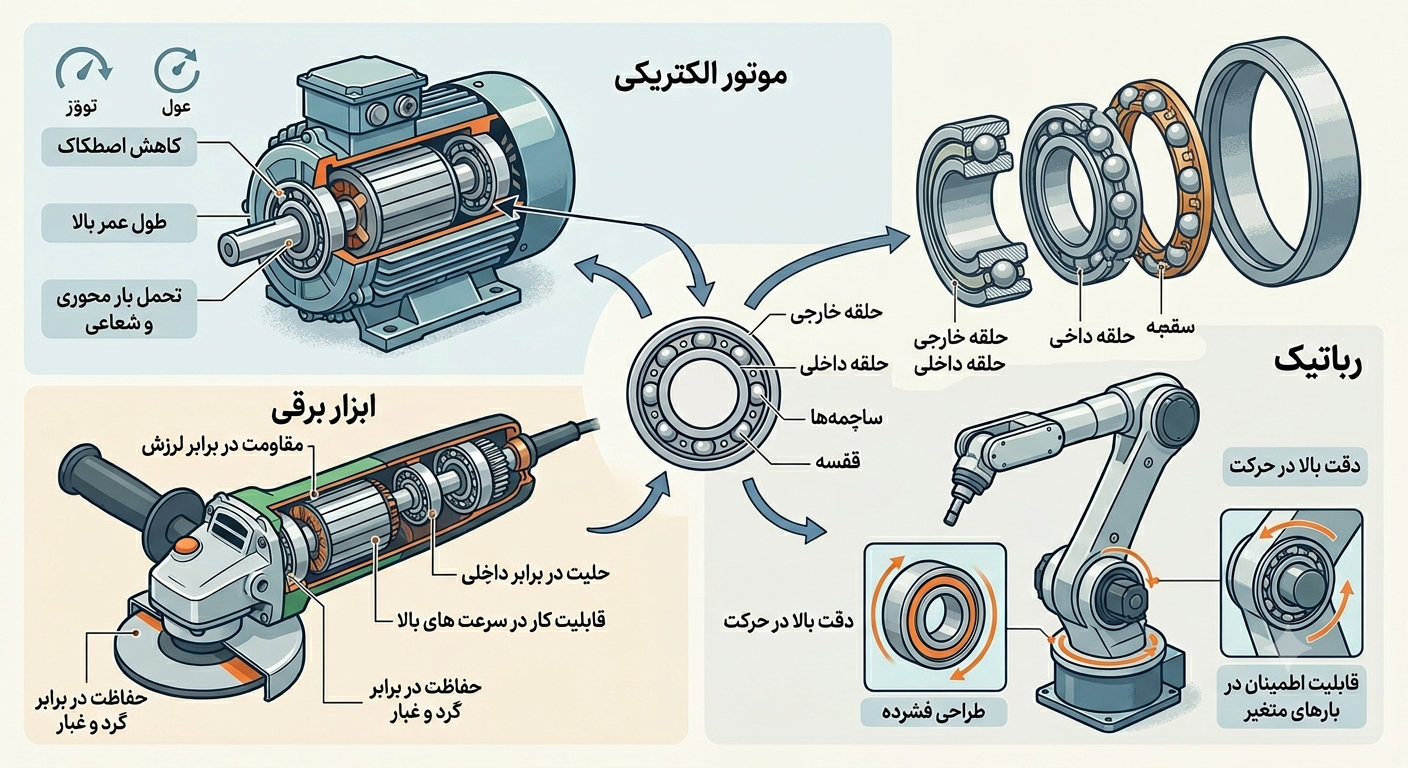 بلبرینگ ۶۰۰۳ چیست؟ 2 کاربردهای بلبرینگ ۶۰۰۳ در موتور الکتریکی، ابزار برقی و رباتیک