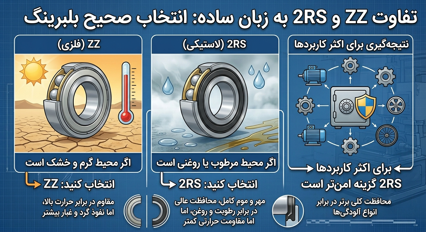بلبرینگ شیار عمیق چیست؟ راهنمای کامل انتخاب، کاربرد و خرید 2 تفاوت بلبرینگ شیار عمیق ZZ و 2RS
