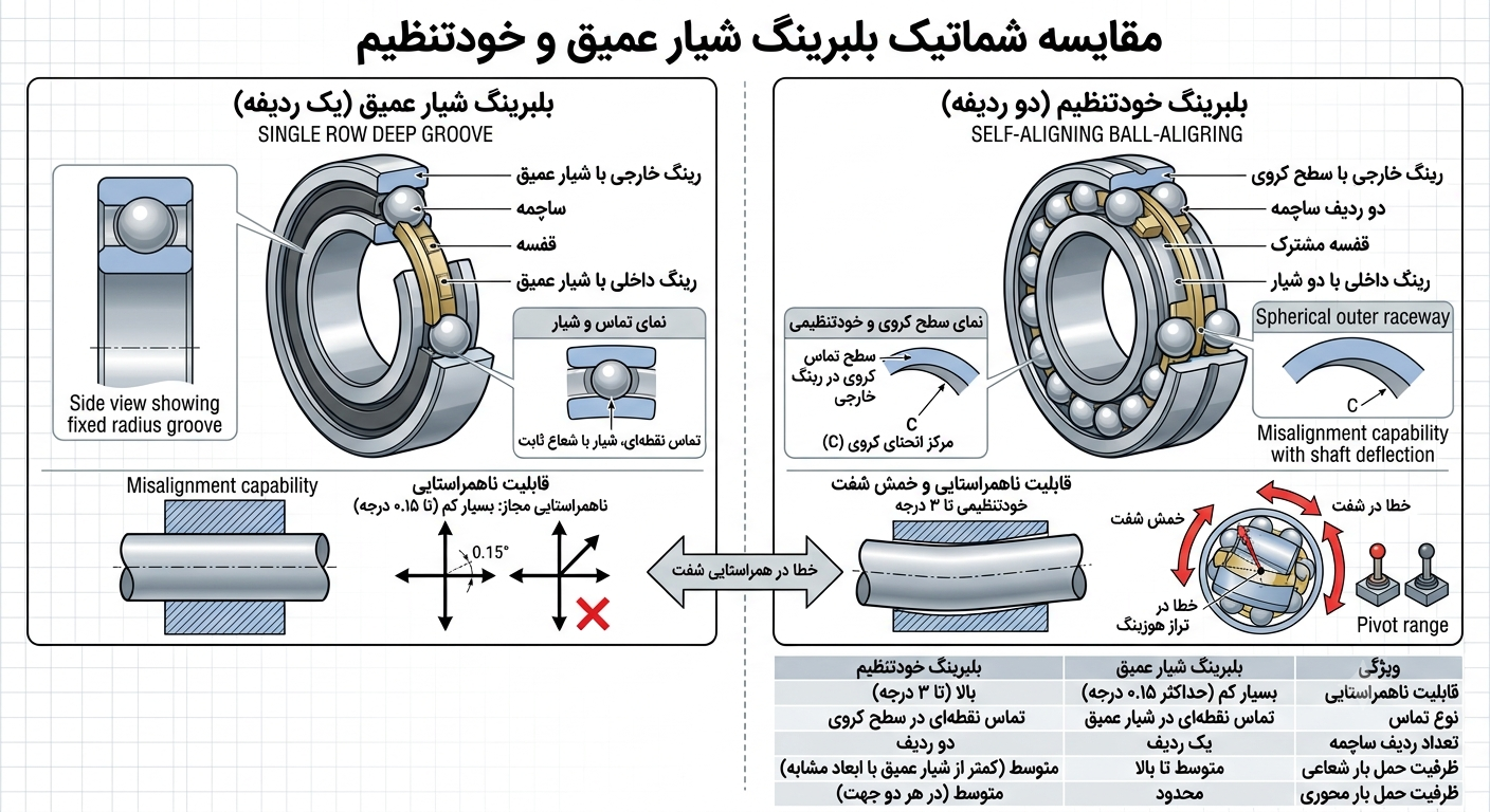 بلبرینگ خودتنظیم چیست؟ 3 تفاوت بلبرینگ خودتنظیم و بلبرینگ شیار عمیق
