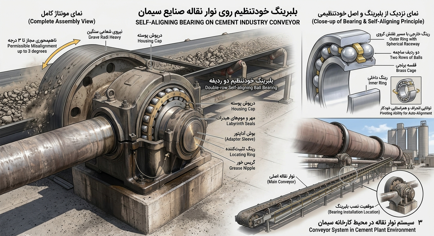 رولبرینگ و بلبرینگ صنایع سیمان | راهنمای انتخاب، کاربرد و خرید 3 بلبرینگ خودتنظیم مناسب نوار نقاله صنایع سیمان